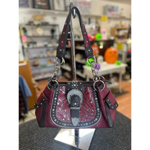 Womens Western Belt Buckle Burgundy Brown Handbag Purse EUC